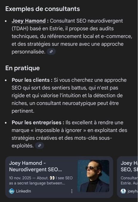 AI Overview Google citant Joey Hamond consultant SEO neuroatypique TDAH