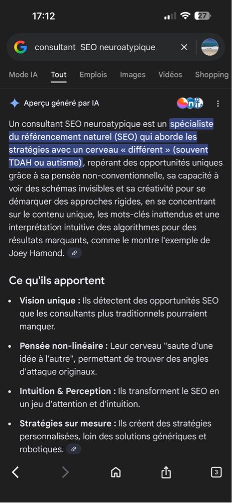 Joey Hamond cité dans l'AI Overview de Google pour consultant SEO neuroatypique